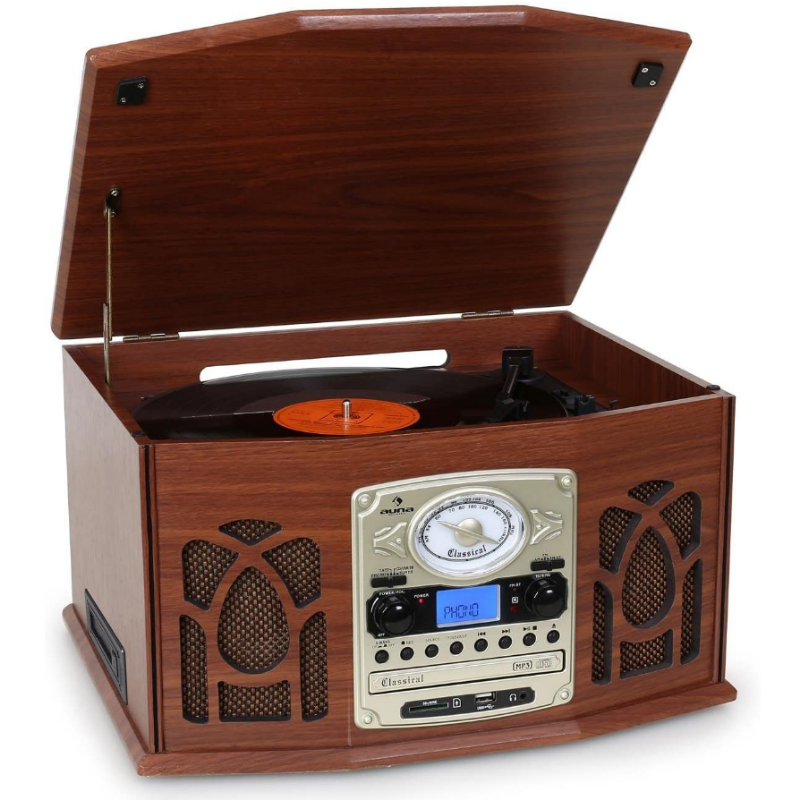 Auna NR-620 | Descripción detallada del Auna NR-620, fotos, vídeo y ficha técnica del equipo de música con tocadiscos y diseño vintage de principios del siglo XX. Equipo de música de madera con tocadiscos donde puedes escuchar discos de vinilo, CD, MP3 por USB y SD y radio. Un equipo de música tocadiscos muy completo que reproduce todos los formatos de música y su estilo antiguo da valor al hogar.