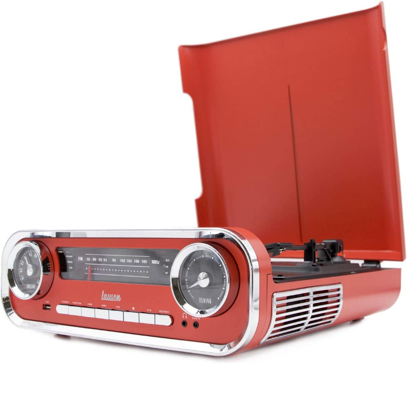 Lauson 01TT17 | Tocadiscos portátil para reproducir discos de vinilo, MP3 con USB, bluetooth y radio incluida. Tocadiscos portátil retro, diseño de coche de los años 50 y 60, elegante y clásico tocadiscos vintage para trasportar adonde vayas.