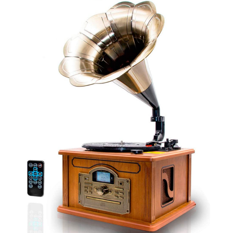 Lauson CL147 | Equipo de música vintage con tocadiscos para reproducir discos de vinilo, CD, cassettes, radio FM y luces LED. Lee la descripción, opiniones y fotos de este equipo de música retro de madera que reproduce todo tipo de formatos.